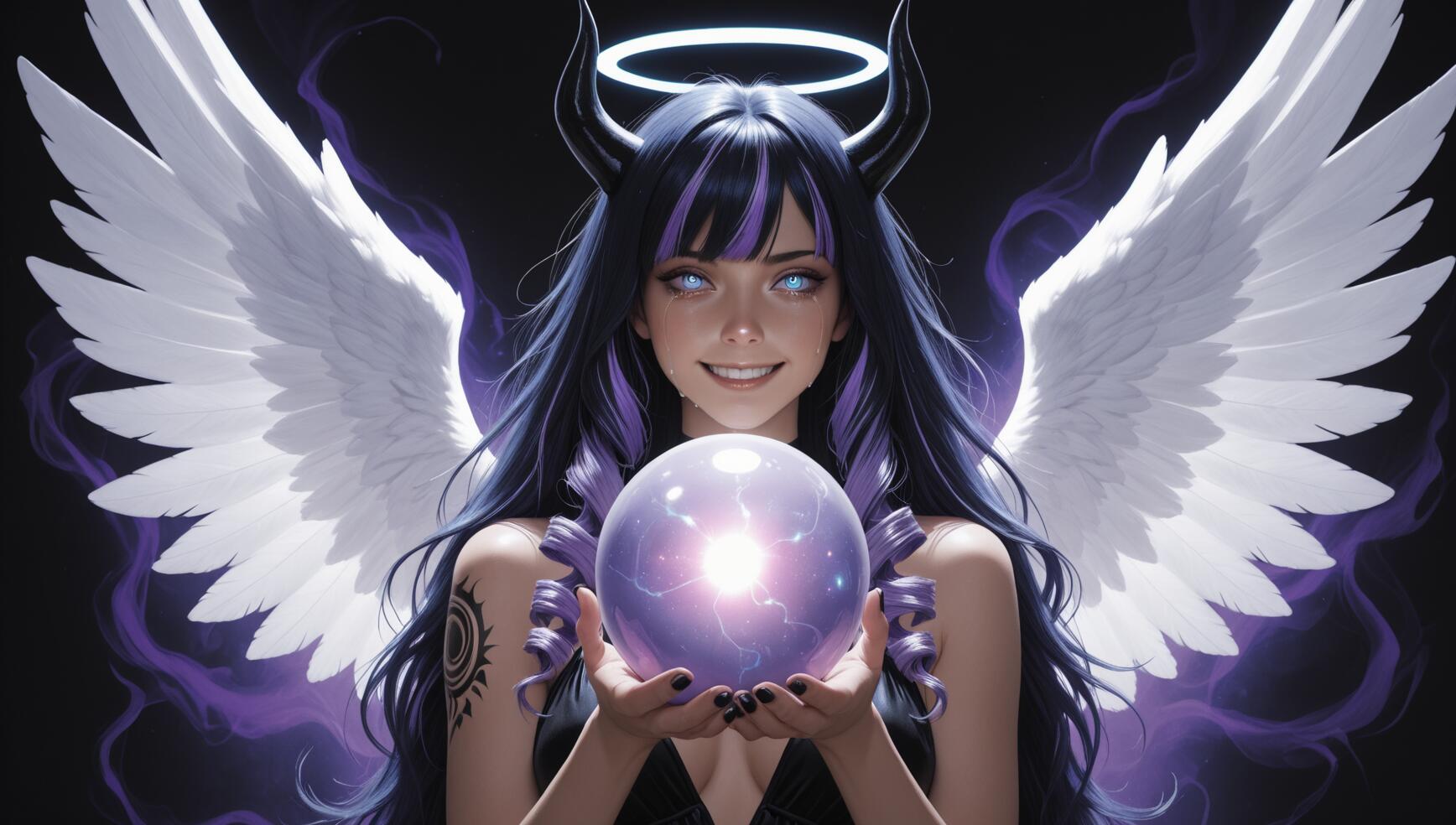 An anime-style woman with white angel wings, black demon horns, and a blue halo, smiling as she holds a glowing purple orb against a black background.