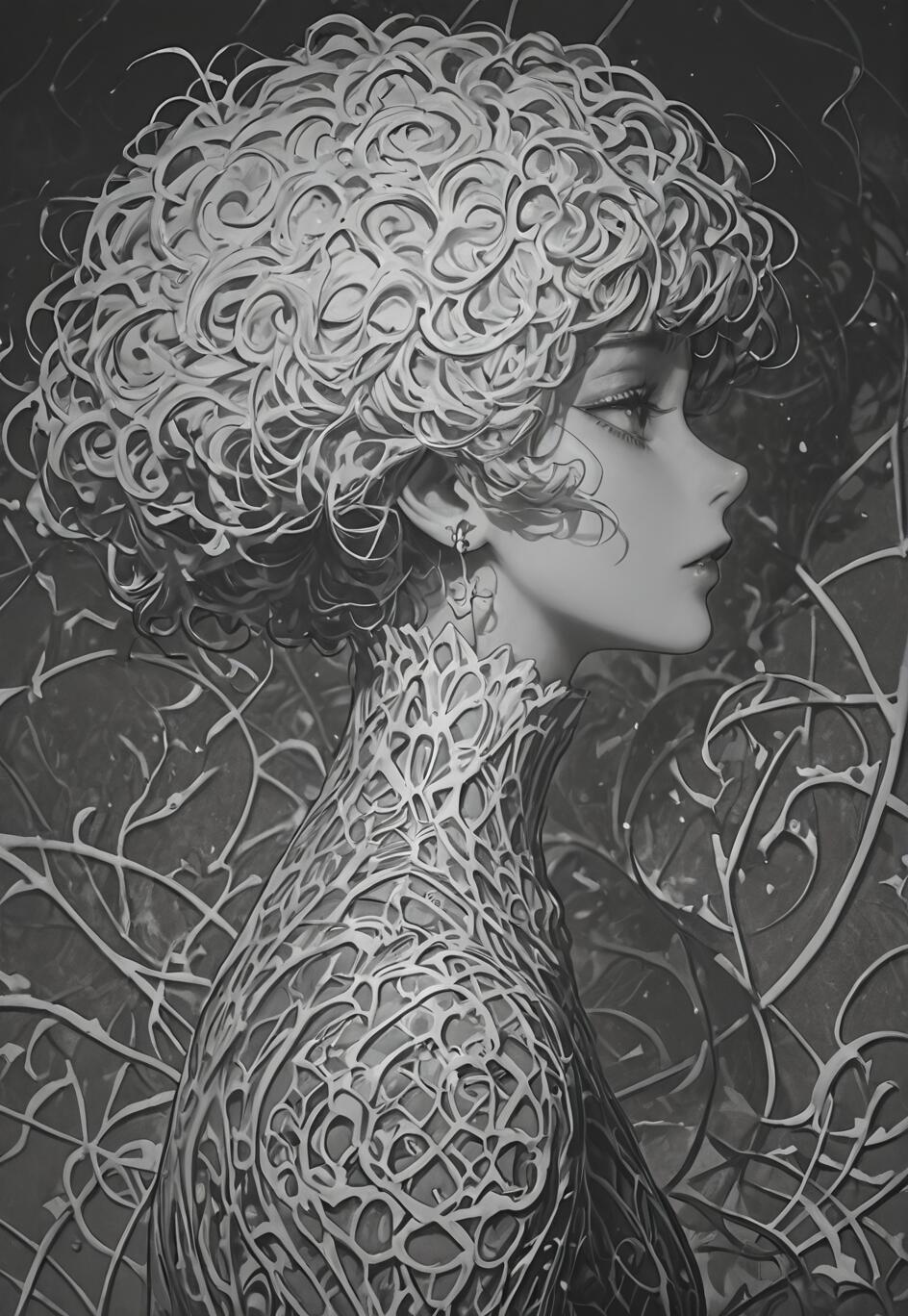 A black and white, highly detailed illustration of a woman in profile. She has large, expressive eyes and short, tightly curled white hair. An intricate, white, web-like pattern covers her neck and shoulders against a dark, abstract background.