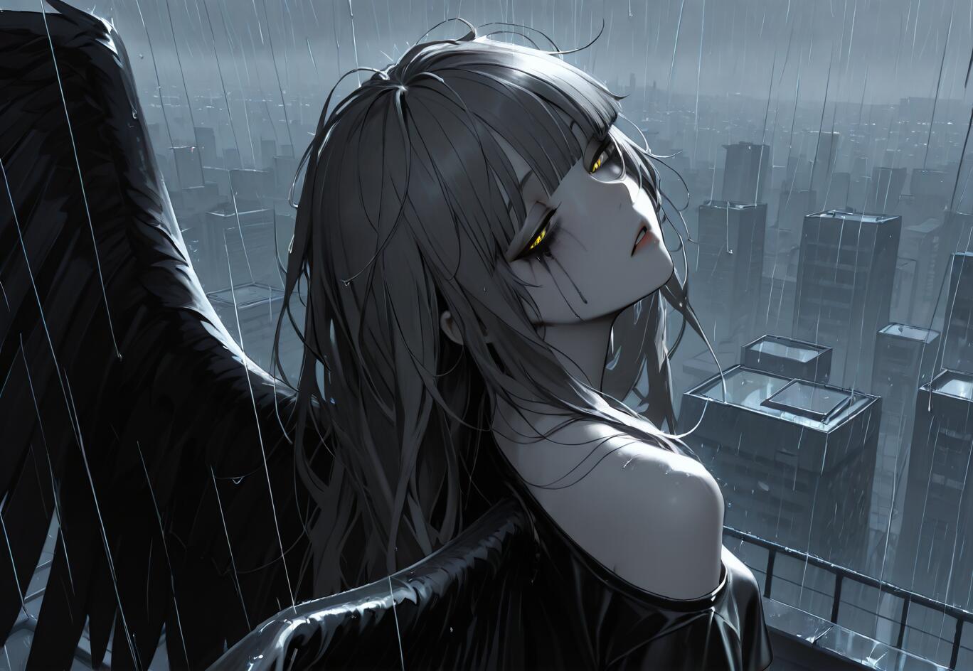 An anime-style illustration of a young woman with large black wings and glowing yellow eyes, looking up into the rain from a city rooftop. Her makeup is running and her expression is sad.