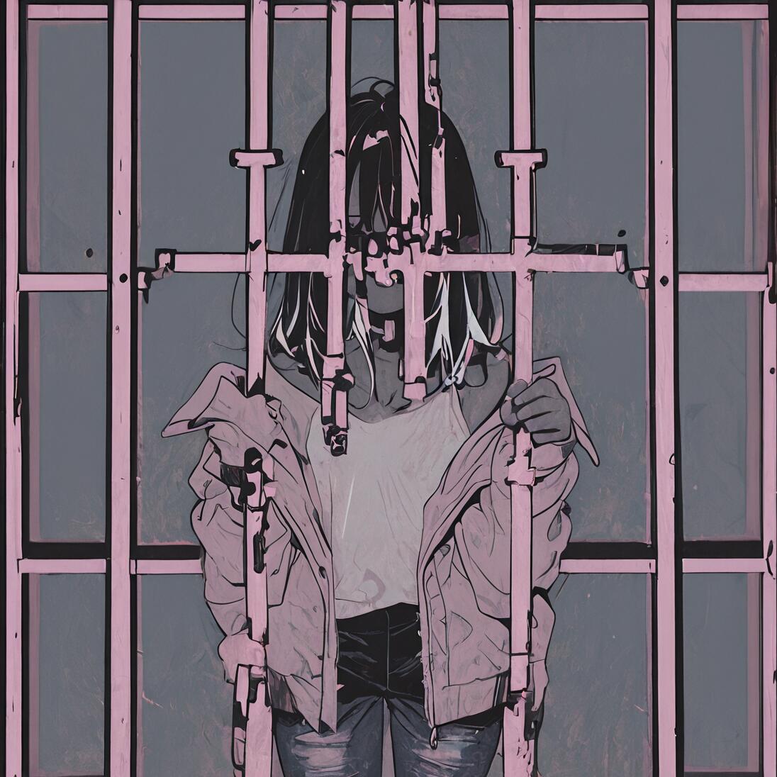 An illustration of a girl with dark hair and a jacket over her shoulders, standing behind pink bars that obscure her face. The color scheme is muted pink and grey.