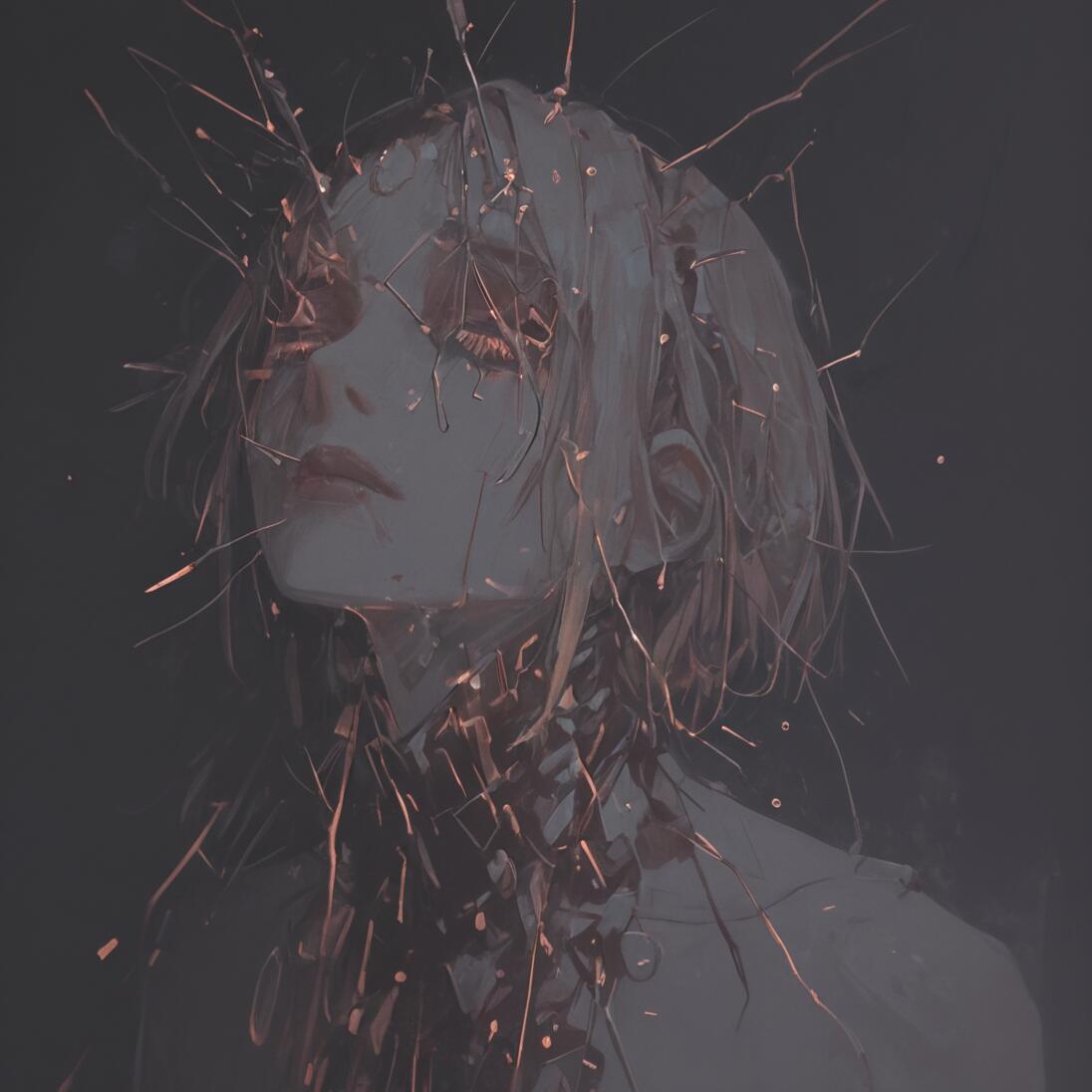 A digital painting of a woman with white hair and closed eyes, her porcelain-like body appearing to shatter and emit glowing orange sparks against a dark gray background.