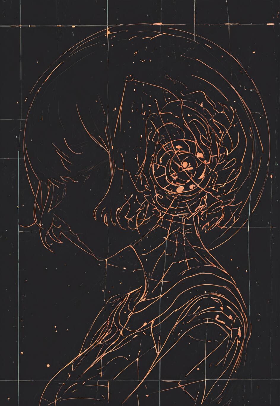 A modern abstract art piece showing Rei Ayanami from Neon Genesis Evangelion in profile. The image is a line drawing in glowing copper on a dark grid background, with the side of her head dissolving into a chaotic, beautiful spiral.