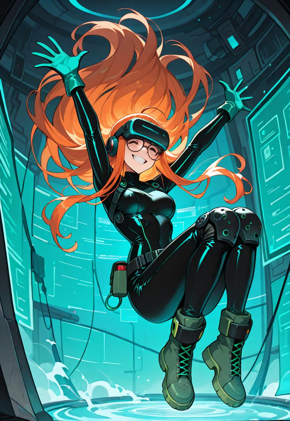 An anime-style illustration of Futaba Sakura from Persona 5 floating in a sci-fi setting. She has long orange hair, glasses, and a wide smile, and is wearing her black Oracle bodysuit with a VR headset, green gloves, and boots, with her arms raised in the air.