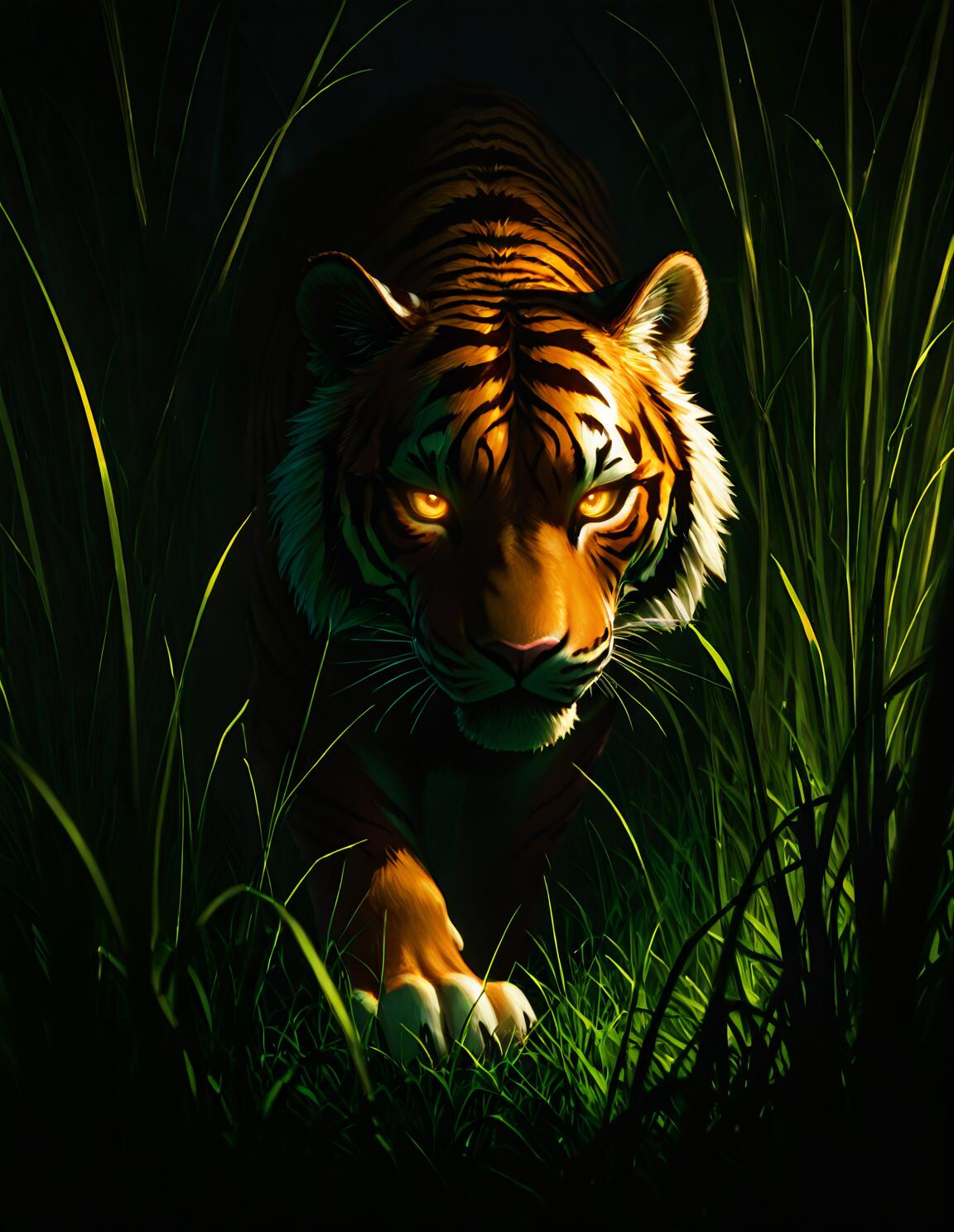 A powerful tiger with glowing yellow eyes stalks forward through tall green grass in the dark, its face illuminated and its expression intense.