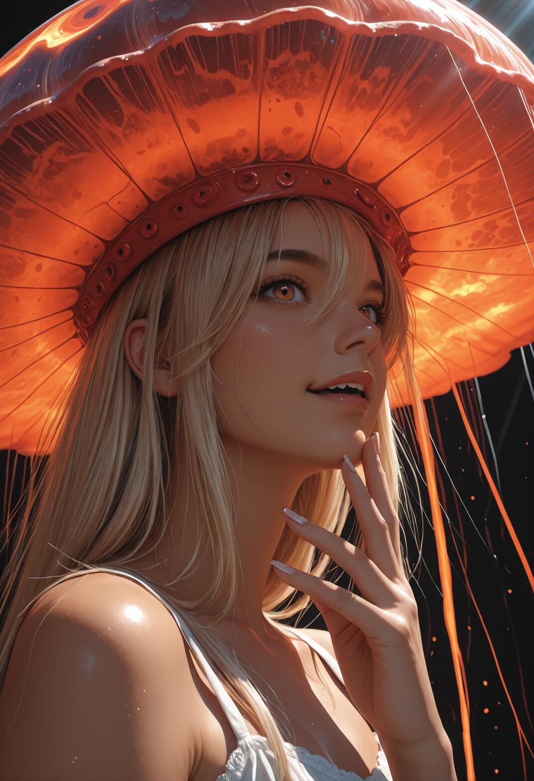 A photorealistic portrait of a young woman with long blonde hair and orange eyes, wearing a massive, glowing orange hat shaped like a jellyfish against a black background.