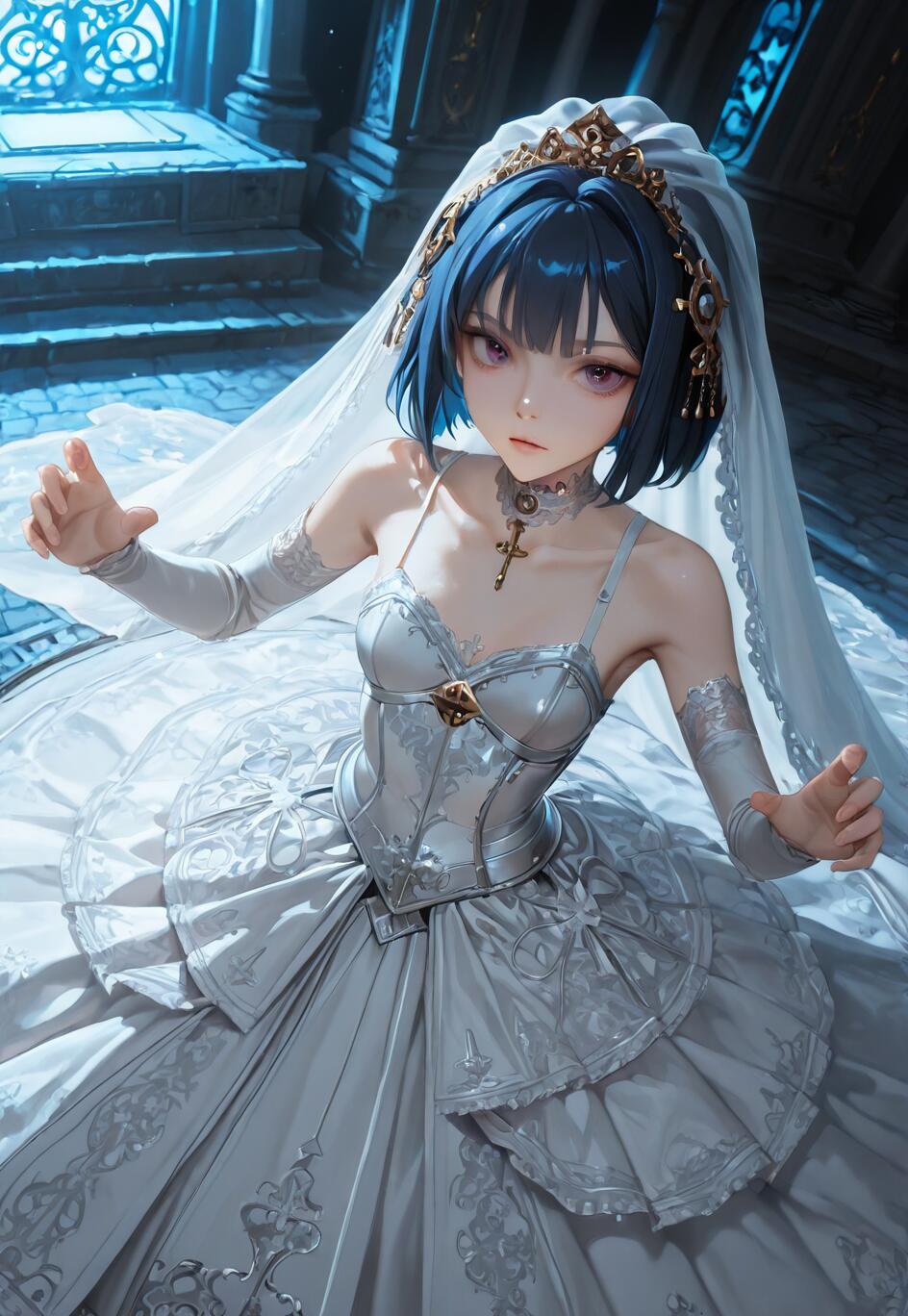 An anime-style illustration of a young woman with short blue hair and a golden tiara, wearing a detailed silver-white gothic wedding dress and veil. She is in a dark, blue-lit stone hall, looking up with a serious expression.
