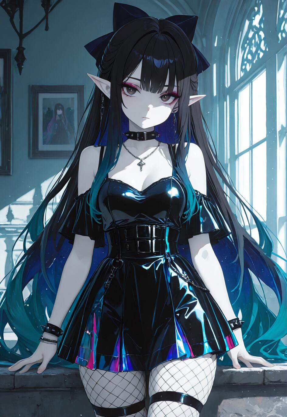 An illustration of a goth elf girl with long black and teal hair, wearing a shiny black dress, fishnet stockings, and a large bow, standing in a room with a brightly lit window.