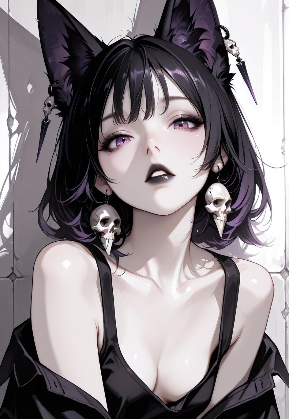 An anime-style illustration of a girl with black fox ears, purple eyes, and black lipstick. She wears skull earrings and a black tank top, looking directly at the viewer with a sultry expression.