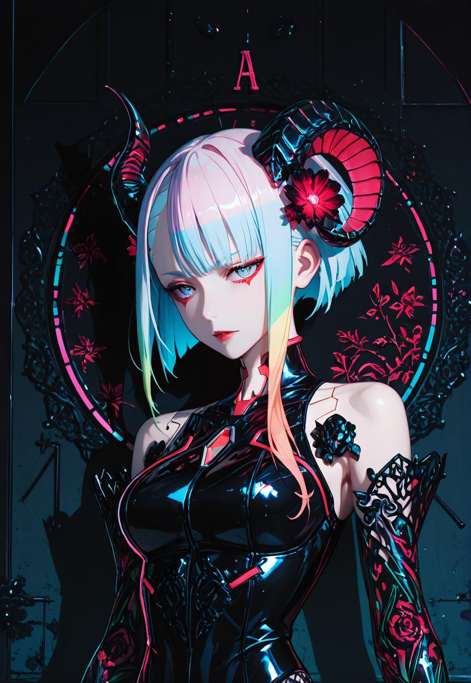 An anime illustration of a woman resembling Lucy from Cyberpunk: Edgerunners with pastel rainbow hair, large black ram horns, and a red flower. She wears a shiny black cyberpunk outfit against a dark background with a pink and blue neon circular frame.