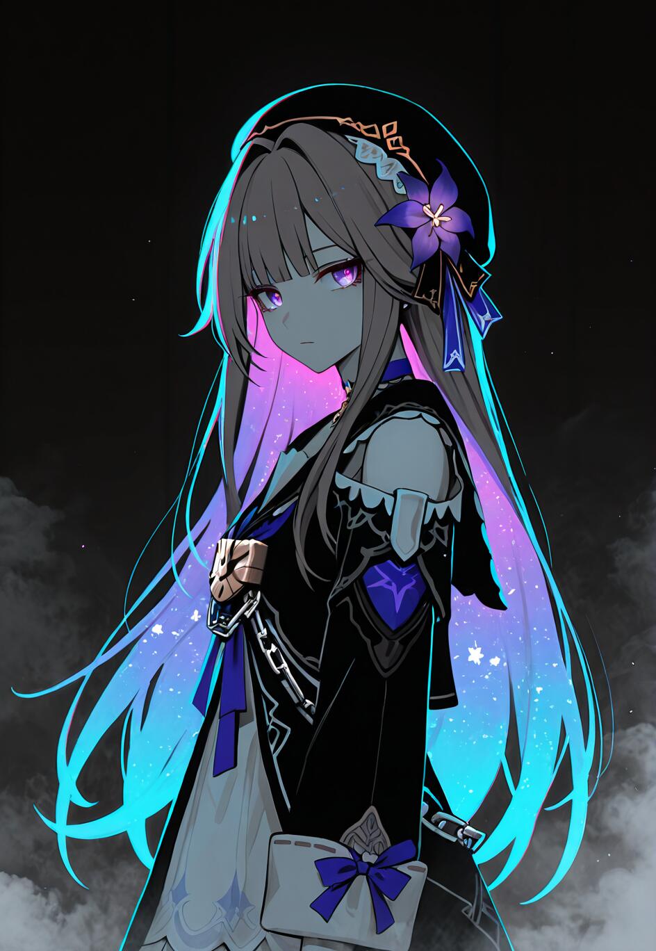 A digital illustration of Herta from Honkai: Star Rail, shown from the side against a dark background. Her long hair glows with a vibrant purple to cyan gradient, and she wears a black beret with a purple flower.