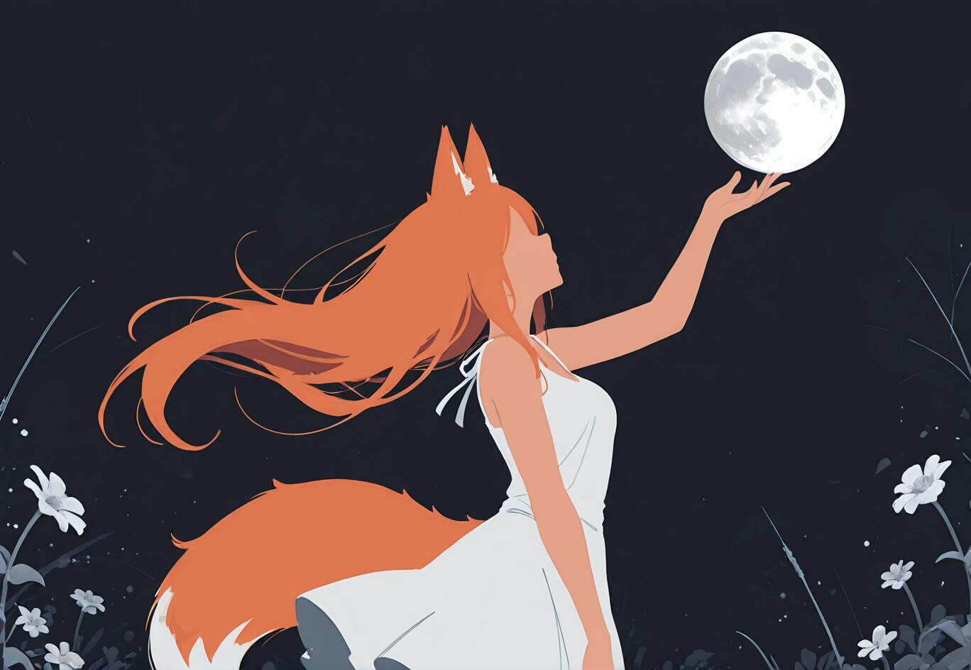 An illustration of Holo from Spice and Wolf, a girl with orange fox ears, long orange hair, and a large fox tail, wearing a white dress. She is standing in a field of flowers at night, reaching up to the full moon.