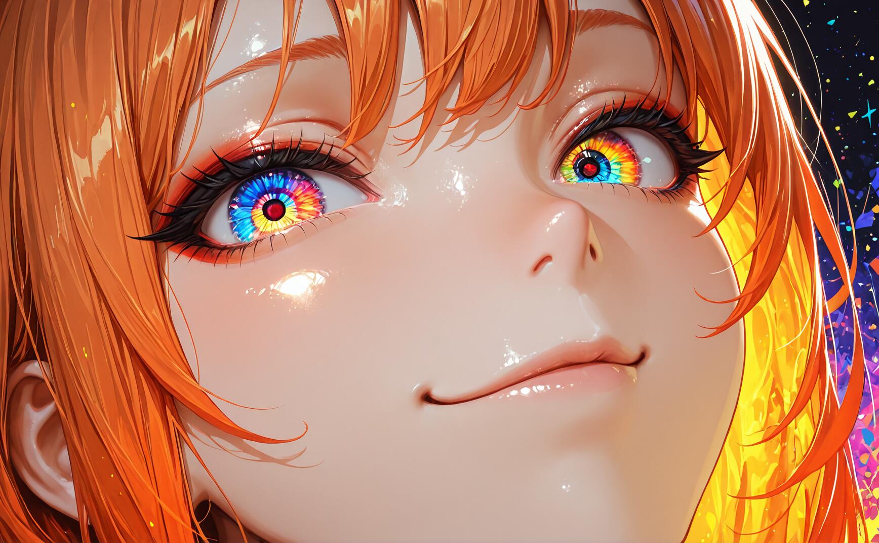 A close-up illustration of an anime girl with vibrant orange hair and a smug smirk. Her eyes are the central focus, featuring intricate, glowing, kaleidoscopic patterns with rings of rainbow colors.
