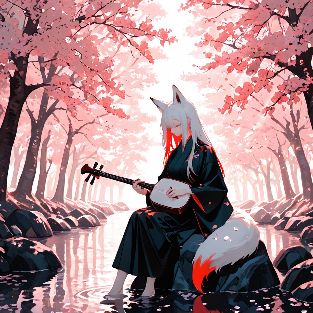 A white-haired anime fox girl in a black kimono sitting on a rock by a river, playing a shamisen under pink cherry blossom trees.