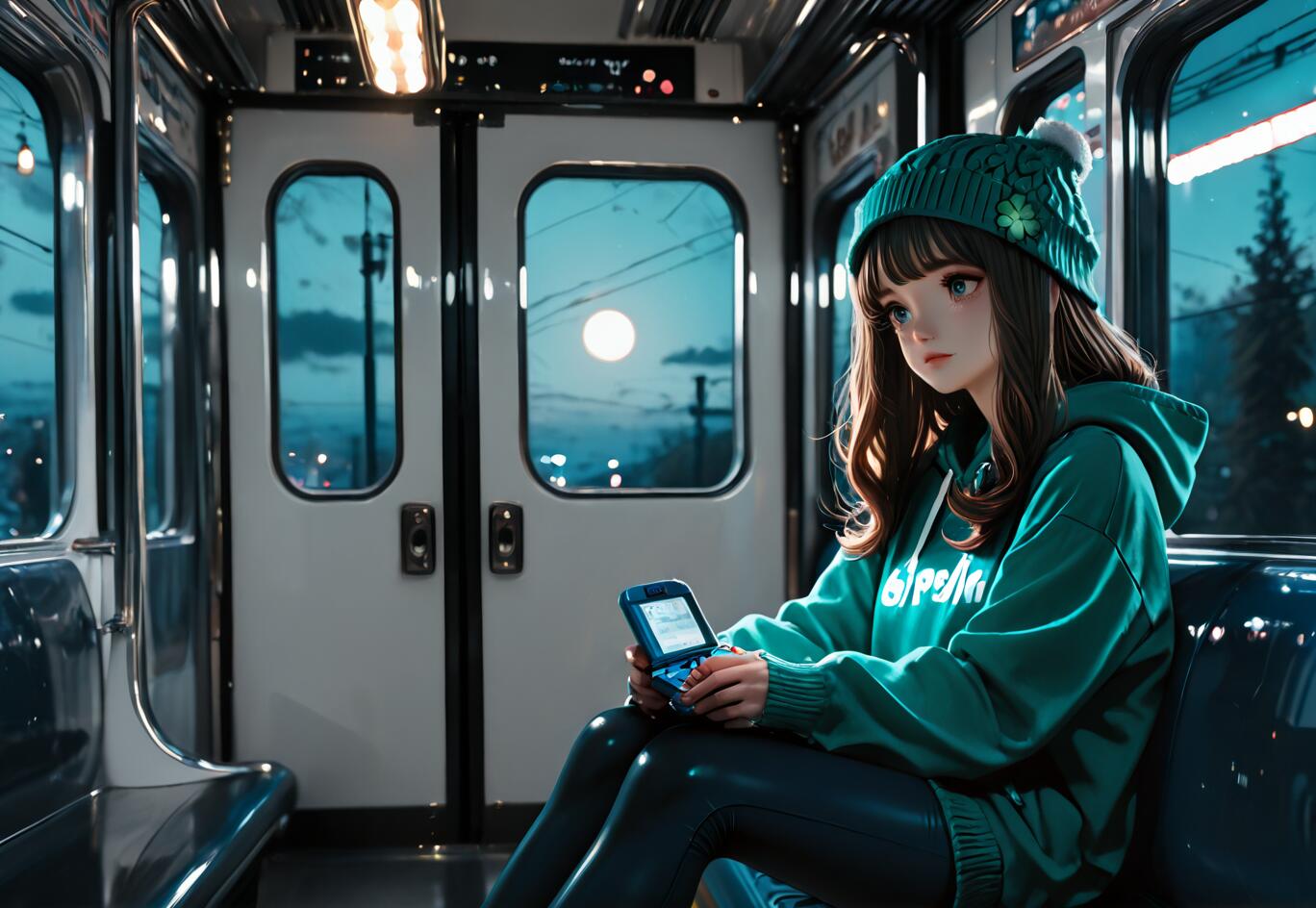An illustration of a young woman with brown hair sitting inside a train at night, wearing a green hoodie and beanie, and playing on a blue handheld gaming device. A full moon is visible outside the train window.