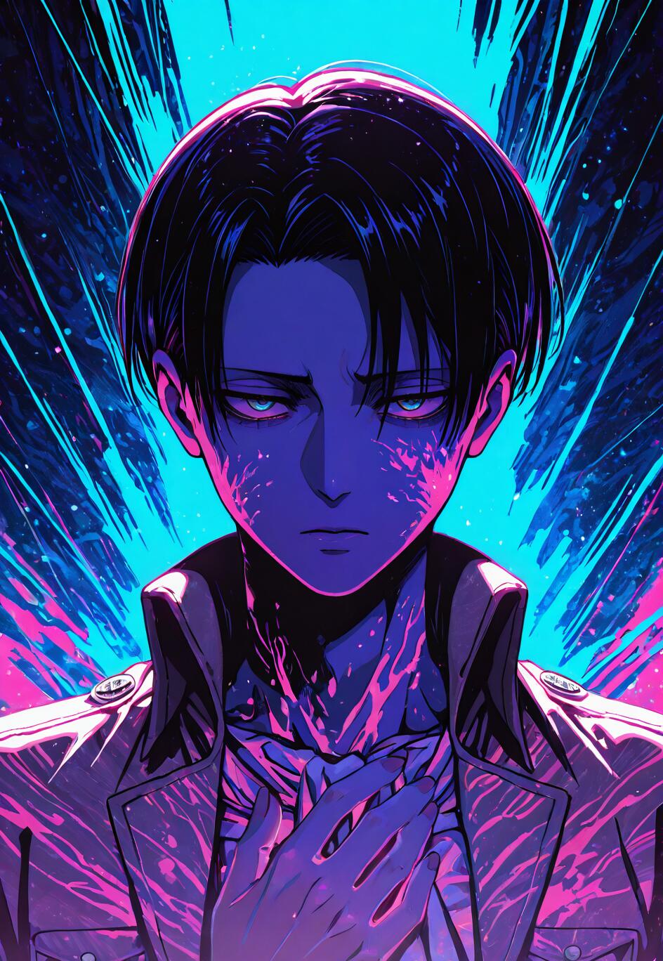 An anime-style illustration of Levi Ackerman from Attack on Titan, with his hand to his chest. The artwork features a vibrant neon color palette of blue, pink, and purple with an abstract, energetic background.