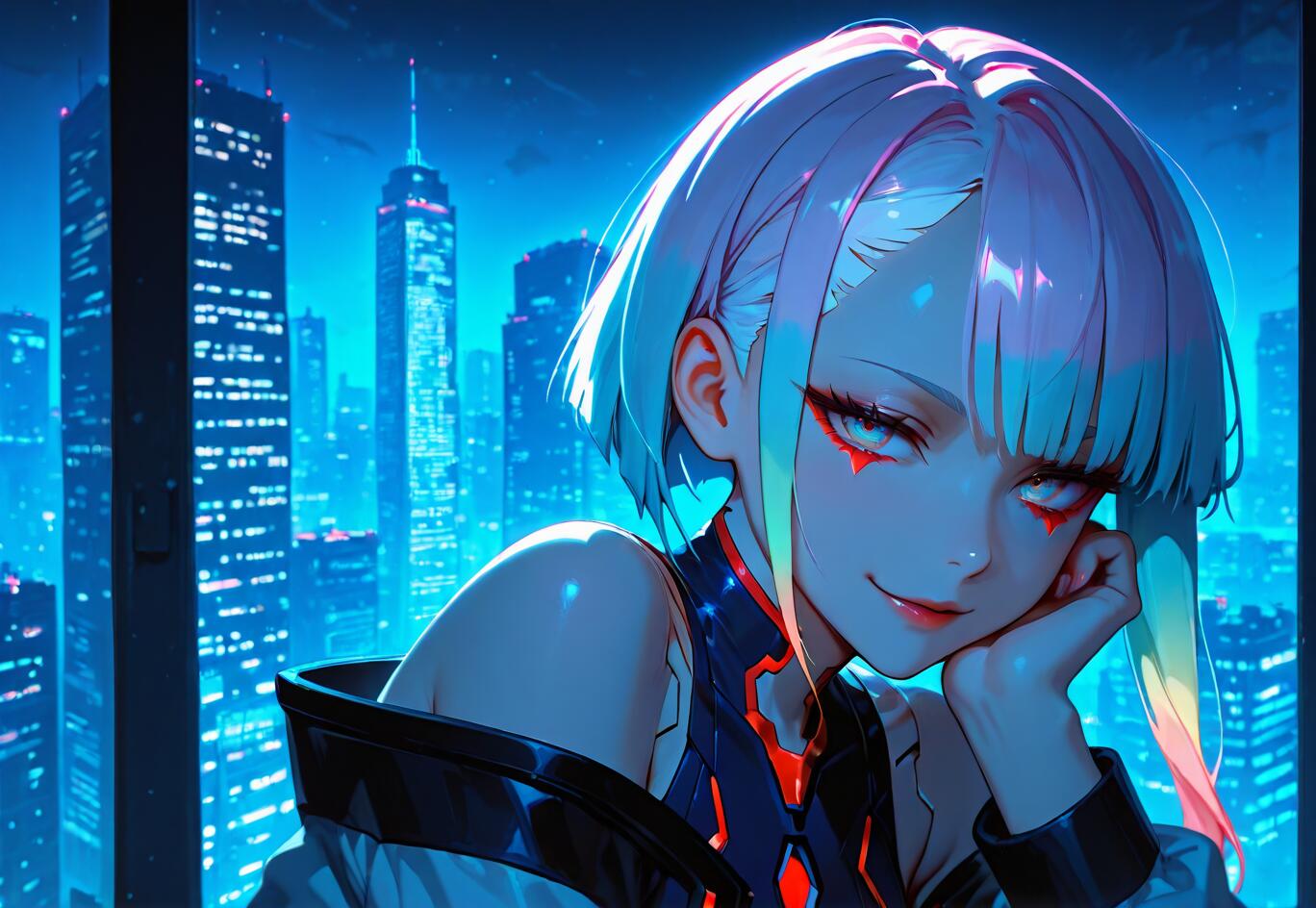 An anime-style illustration of Lucy from Cyberpunk: Edgerunners, a young woman with short white and rainbow hair, looking at the viewer with a smirk. She is in front of a window overlooking a futuristic city skyline at night.