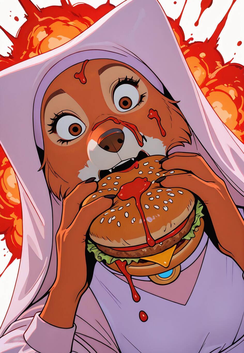 An illustration of Maid Marian, the fox from Disney's Robin Hood, looking shocked while taking a messy bite of a large cheeseburger. Ketchup is splattered on her face and dripping from the burger, against a red and orange explosive background.