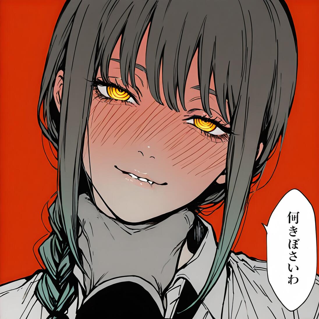 A colored manga-style illustration of Makima from Chainsaw Man being choked. She has a flushed, smug expression with half-closed, ringed yellow eyes and is looking directly at the viewer against a red background.