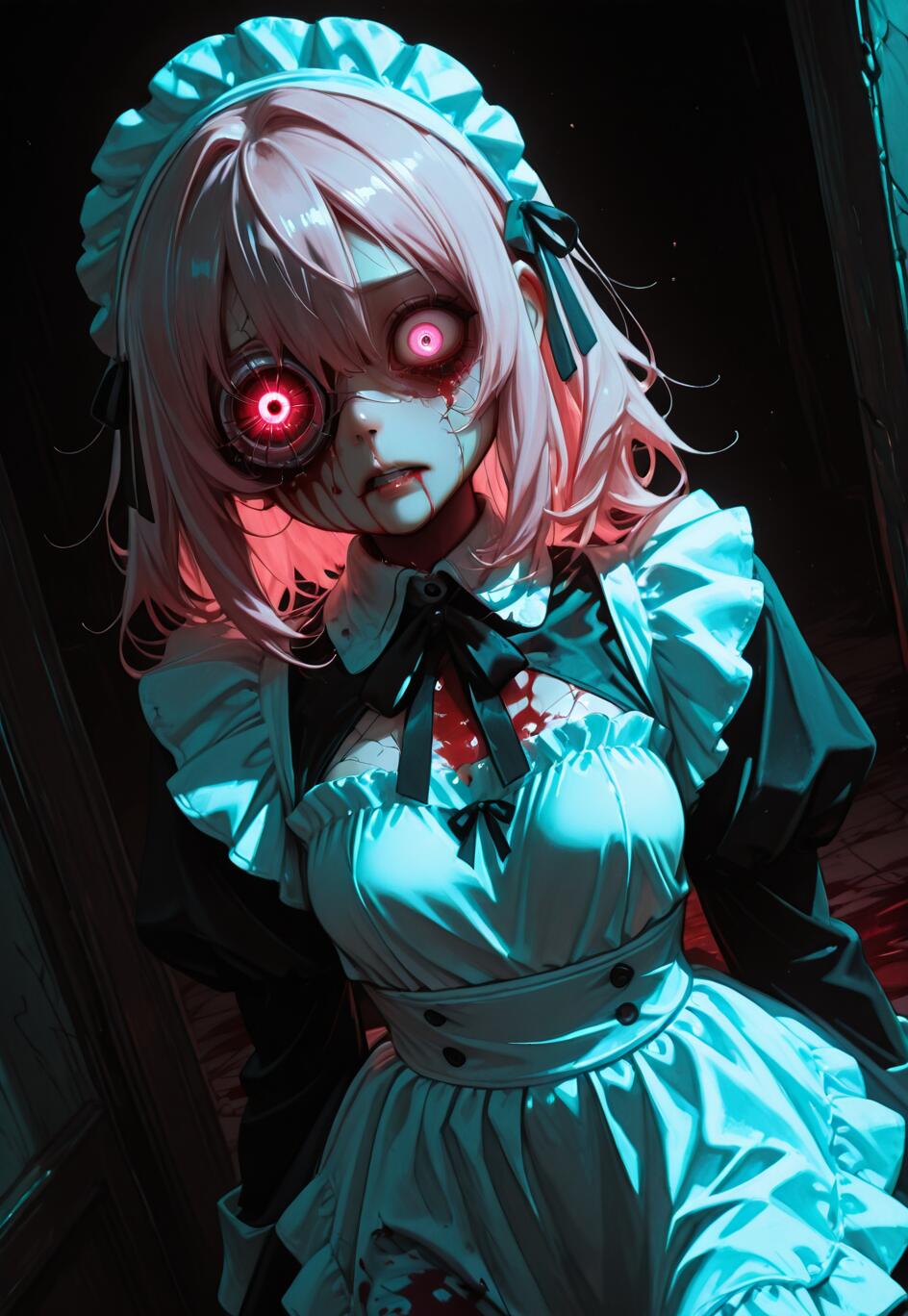 A horror-themed illustration of a pink-haired anime girl in a maid outfit. Her face has cracked skin and is splattered with blood, and she has glowing red cybernetic eyes in a dark, eerie setting.