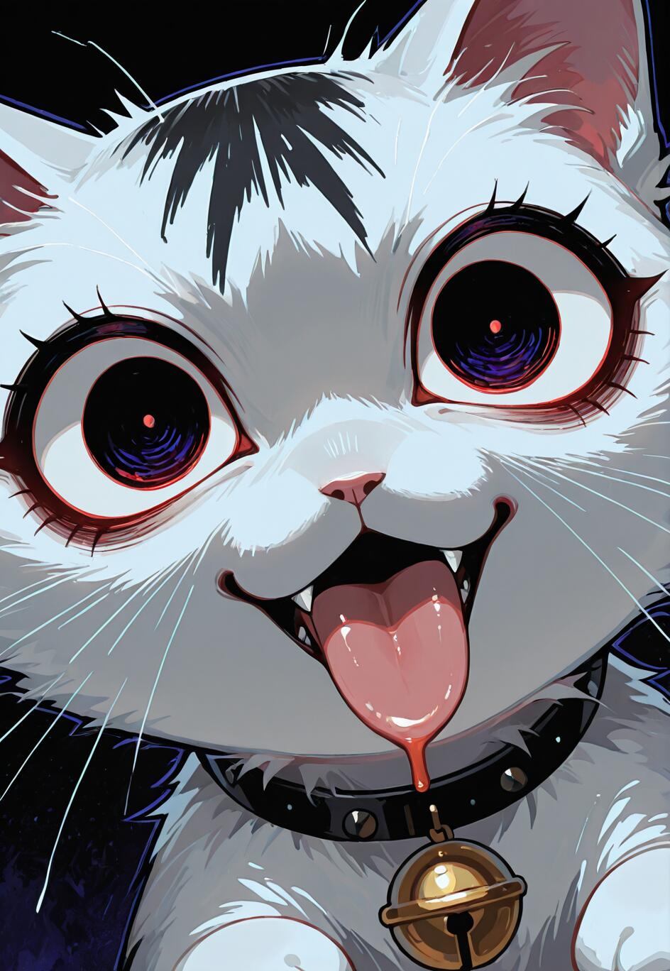 A stylized, close-up illustration of a white cat's face. The cat has huge, dark eyes with purple highlights, spiky black hair on its head, and a wide-open mouth with its tongue sticking out and drooling. It wears a black spiked collar with a gold bell.