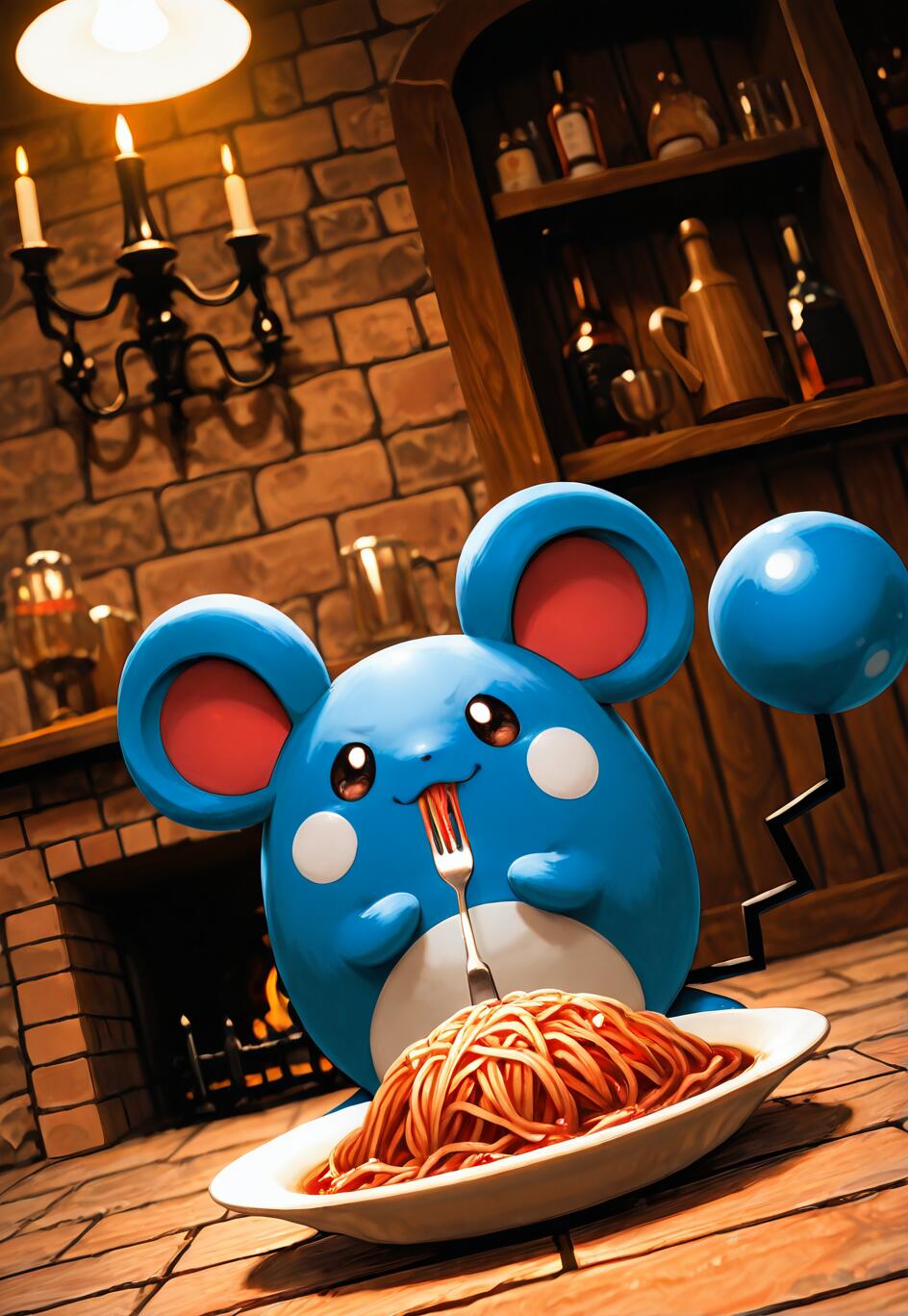 The Pokémon Marill, a round blue creature with large ears, sits at a wooden table in a rustic room, happily eating a large plate of spaghetti with a fork in its mouth. A warm fireplace and a shelf with bottles are visible in the cozy background.