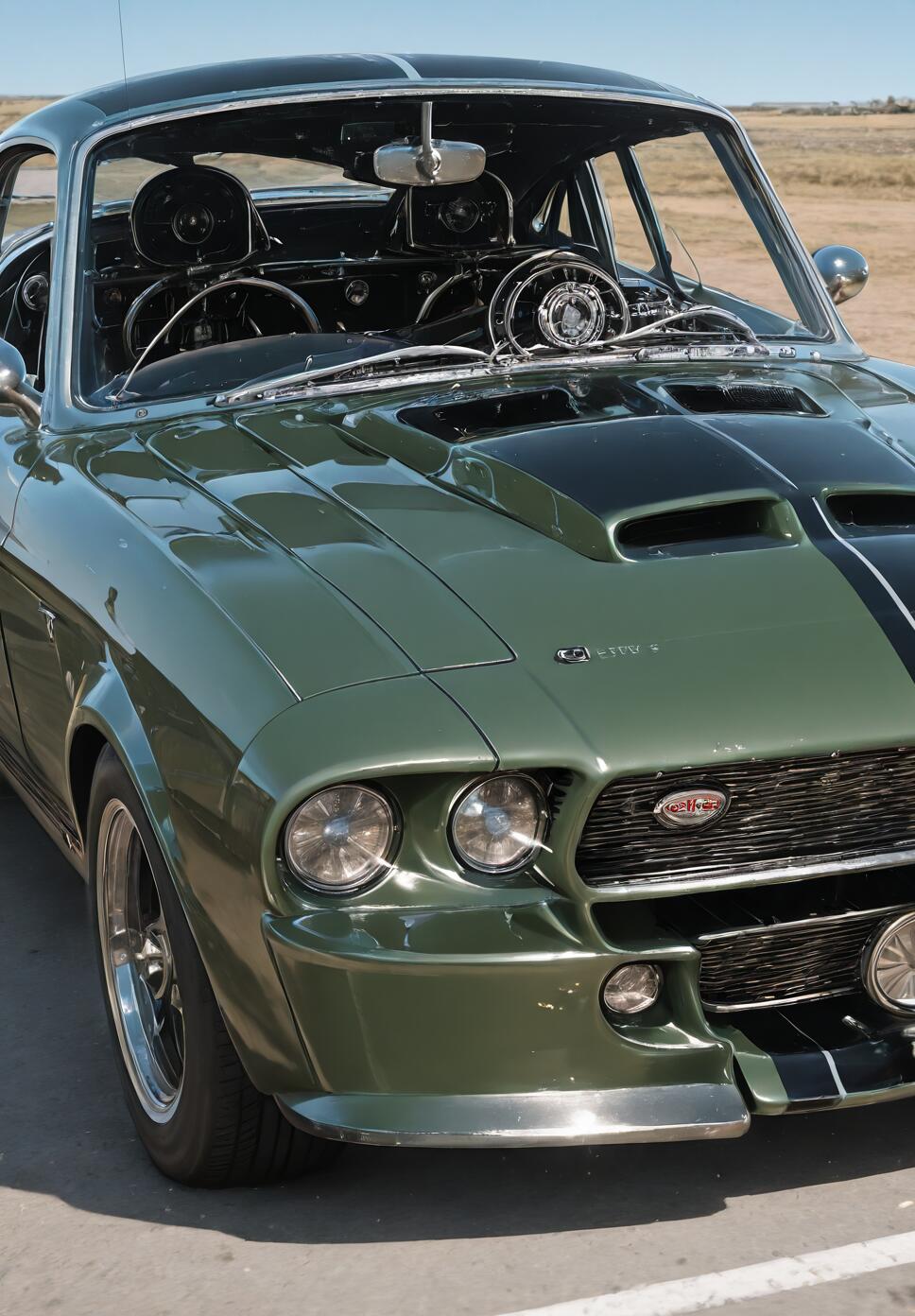 Front view of a heavily modified vintage Ford Mustang in a deep green color, featuring a custom grille and five round lights on the front bumper, parked outdoors on a sunny day.