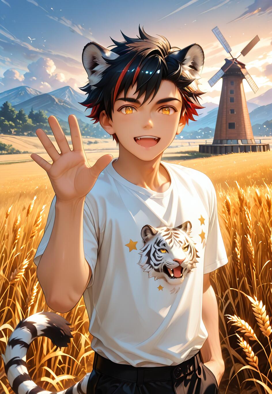 An anime boy with black and red hair, tiger ears, and a tiger tail, identified as Nagumo Tetora from Ensemble Stars!!, smiling and waving in a golden wheat field with a windmill in the background.