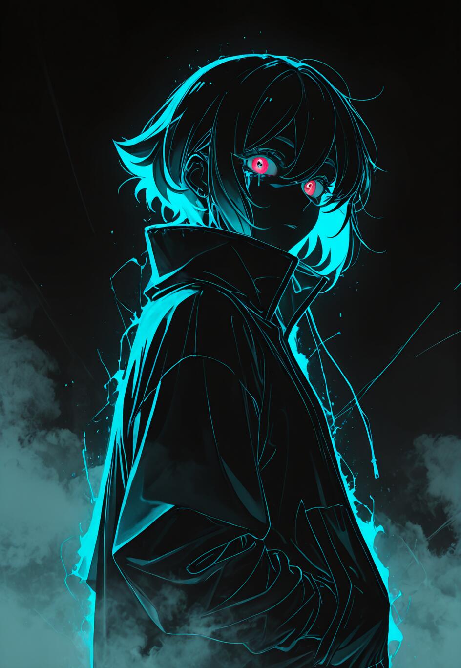 An anime character, Theresa Apocalypse, with short hair and a high-collared jacket, is illuminated by a vibrant cyan neon outline against a dark, foggy background. Her eyes glow a piercing red.