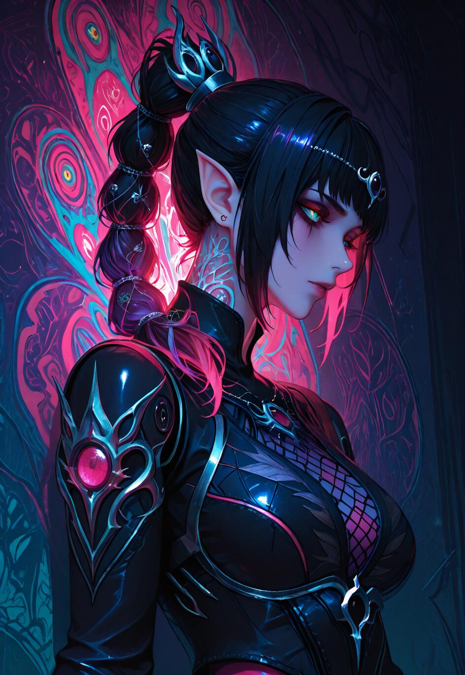 A digital fantasy portrait of Shadowheart from Baldur's Gate 3. She is a dark-haired elf with green eyes and a high ponytail, wearing intricate black and pink armor against a vibrant neon background.