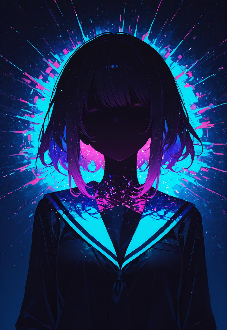 A silhouette of an anime girl in a school uniform with glowing pink hair tips, standing in front of an explosive background of neon blue and pink light.