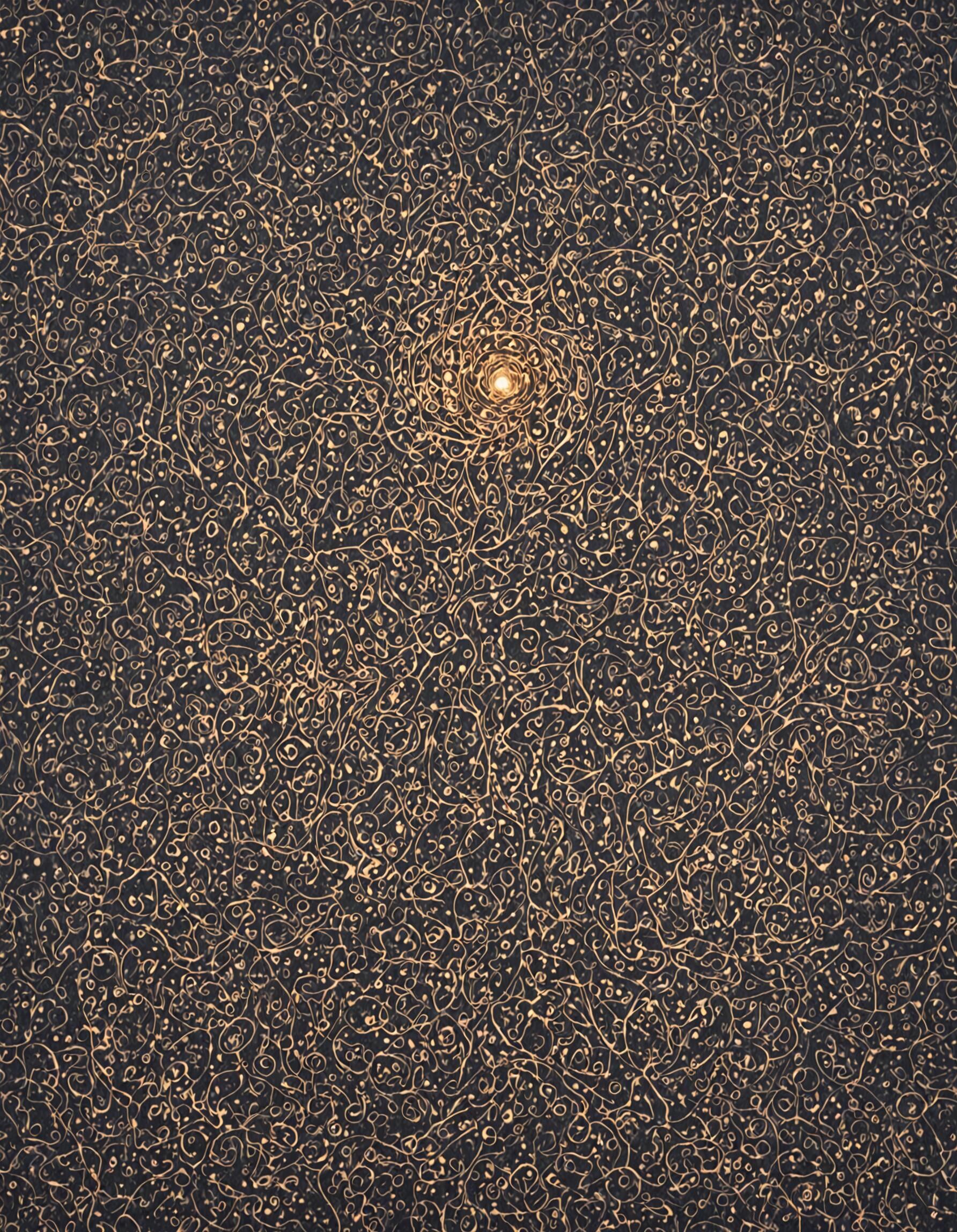 An abstract painting with a dark background covered in a dense, intricate web of swirling golden lines and dots. In the upper center, a single, bright, glowing orb of light serves as a focal point.