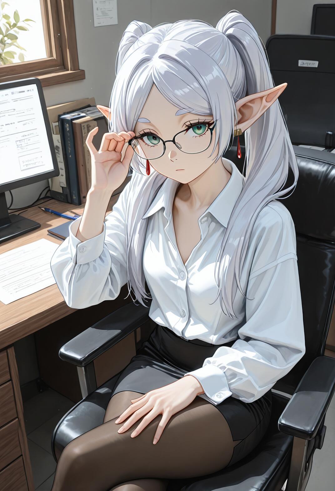 A full-body illustration of the elf Frieren from 'Frieren: Beyond Journey's End' in an office. She has white hair in twintails and is wearing a white dress shirt, black pencil skirt, and glasses. She sits in an office chair, adjusting her glasses and looking at the viewer.