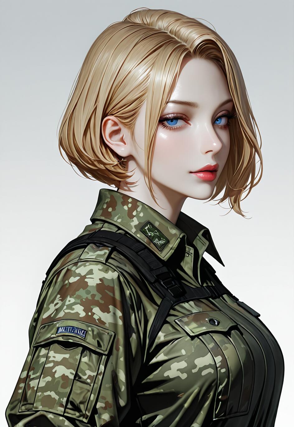 A detailed illustration of a beautiful female soldier with a short blonde bob and intense blue eyes, wearing a green camouflage uniform and black tactical harness, posing against a white background.