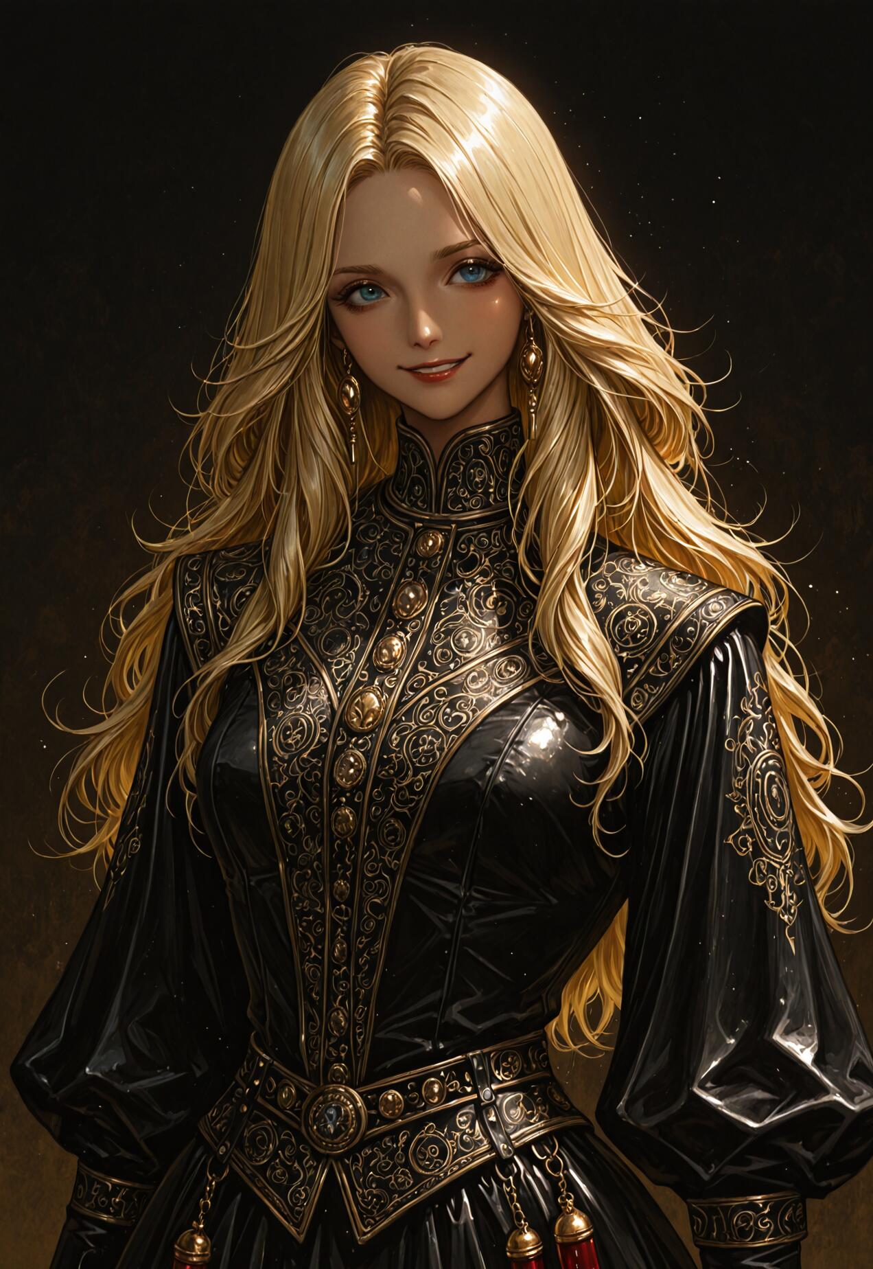 A waist-up digital painting of a young woman with long wavy blonde hair and blue eyes, smiling gently. She wears a highly detailed black and gold fantasy gown with a high collar against a dark background.