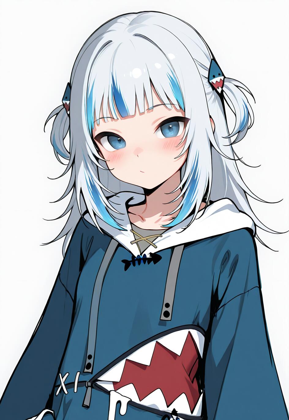 A close-up digital portrait of Gawr Gura, an anime girl with white and blue hair, blue eyes, and wearing her signature blue hoodie with a shark mouth design.