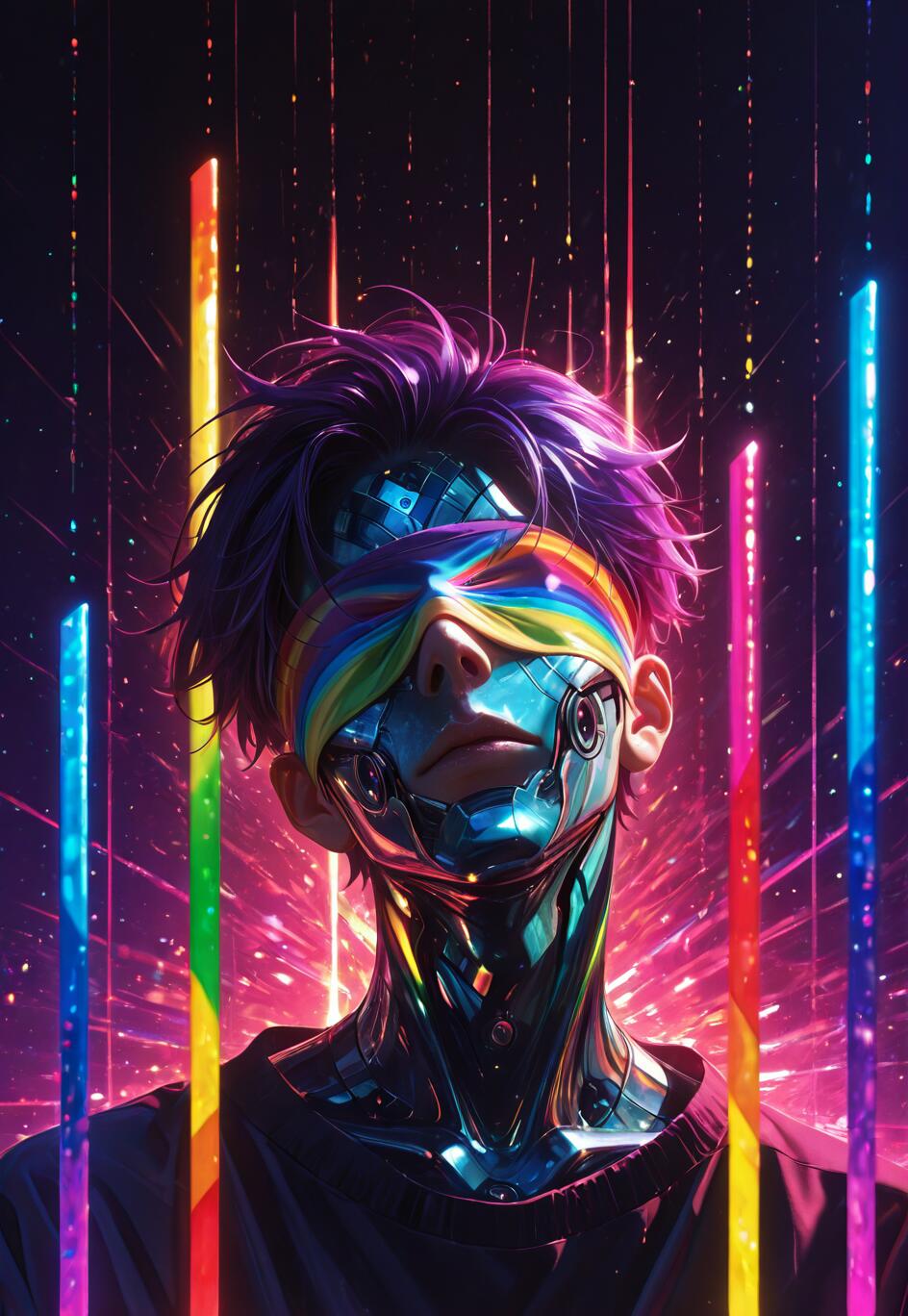 A digital illustration of a young man with purple hair and a cybernetic face and neck. He wears a rainbow-colored cloth blindfold. The background is dark and filled with vertical neon rainbow light beams and glowing specks.