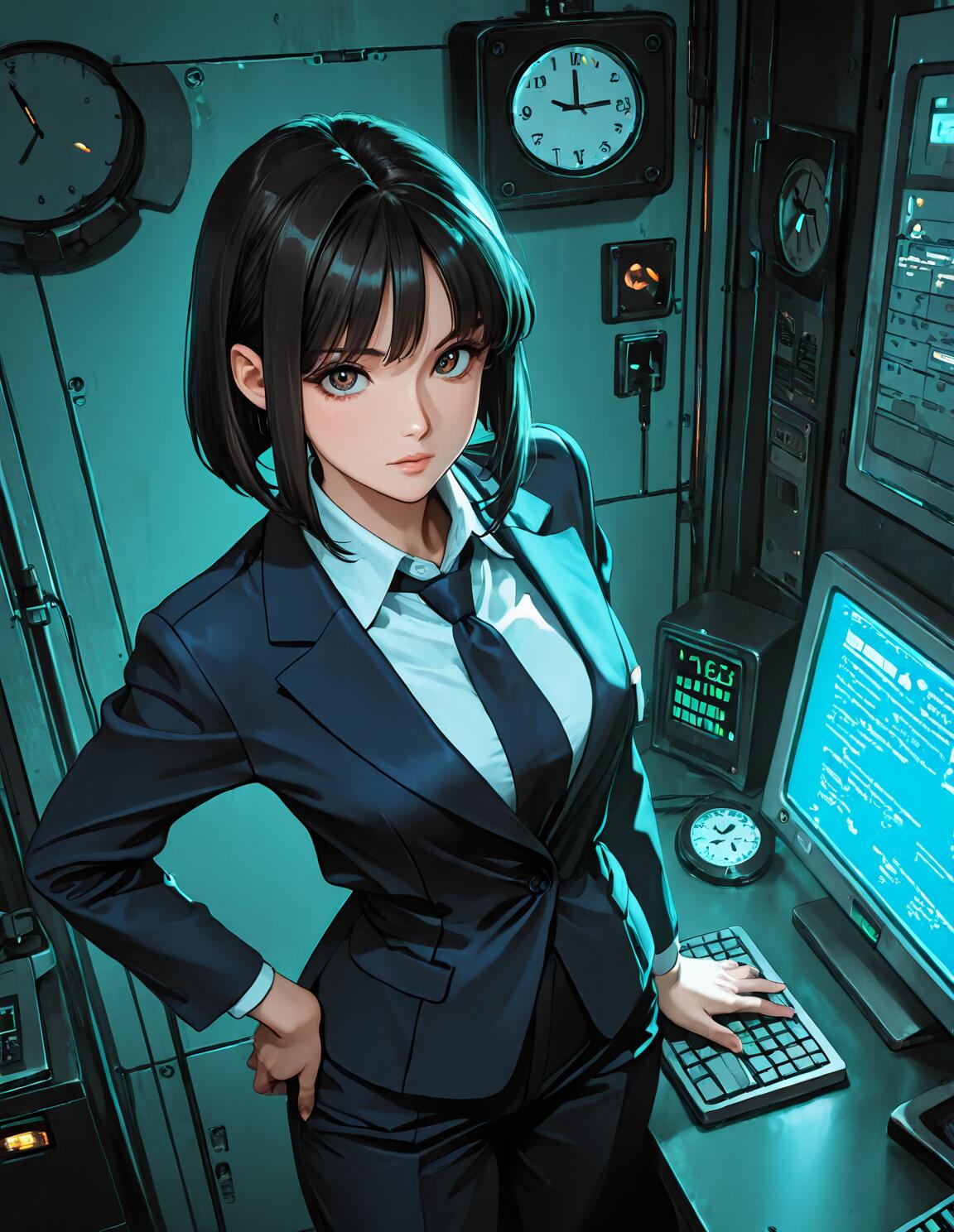 An anime-style illustration of a young woman with short black hair in a business suit, standing in a computer control room. She has one hand on her hip and the other on a keyboard, looking directly at the camera amidst screens and clocks with blue-green lighting.