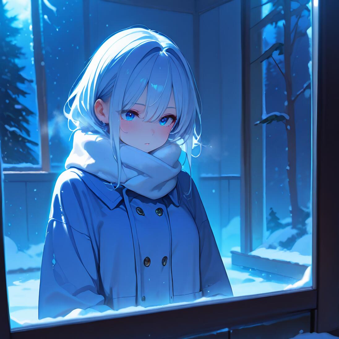An anime girl with light blue hair and a white scarf looks out a window at a snowy night scene. She wears a blue coat, and the entire image is cast in a cool, blue light.