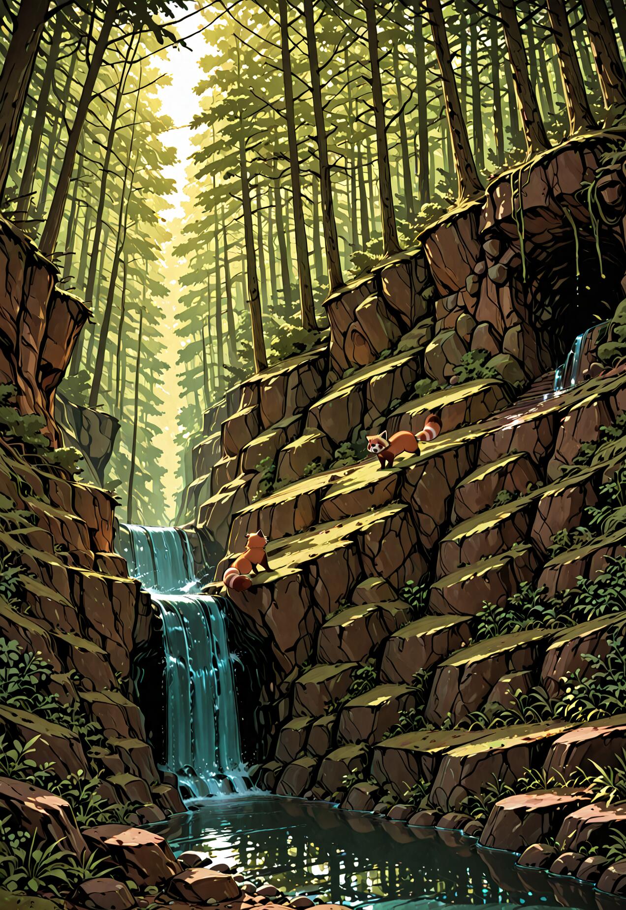 A vertical illustration of a sunlit forest gorge with a waterfall. Two red pandas are on the rocky, terraced cliffside. One sits by the waterfall, and the other is walking higher up. Tall pine trees tower above the scene.