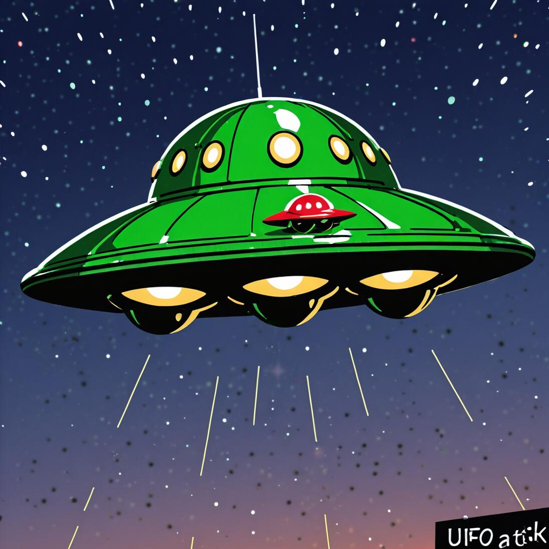 A large, green cartoon flying saucer with glowing yellow lights and an antenna, set against a dark blue sky dotted with white stars.