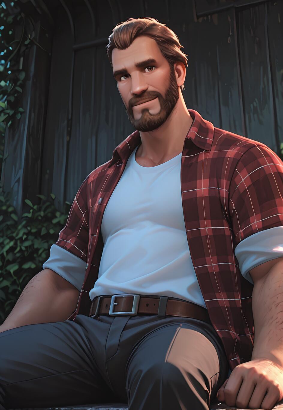 A digital illustration of a muscular man with brown hair and a beard, sitting down and looking up at the viewer. He wears an open red plaid shirt over a white t-shirt and dark pants.