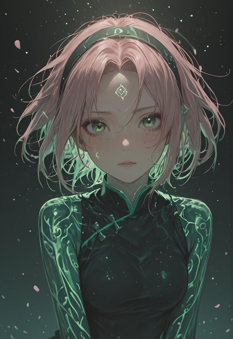 An artistic portrait of Sakura Haruno from Naruto with pink hair and glowing green eyes. The Strength of a Hundred Seal is on her forehead, and she wears a dark outfit with glowing green patterns against a starry background with floating petals.