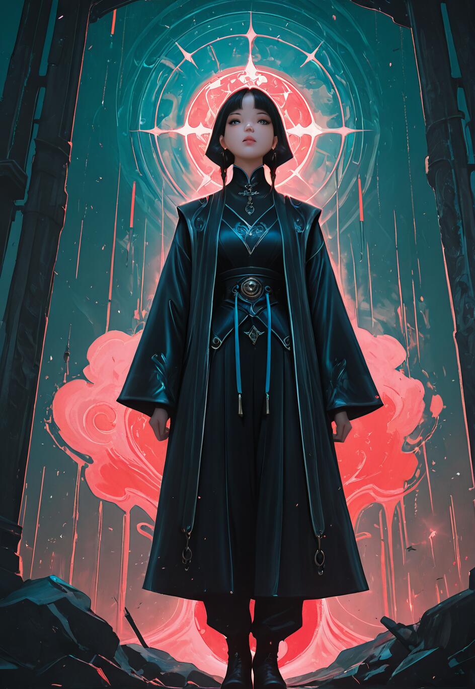 A full-body illustration of a young woman with short black hair in a dark, futuristic coat, standing before a large, glowing teal and red circular portal in a dark, rocky environment.