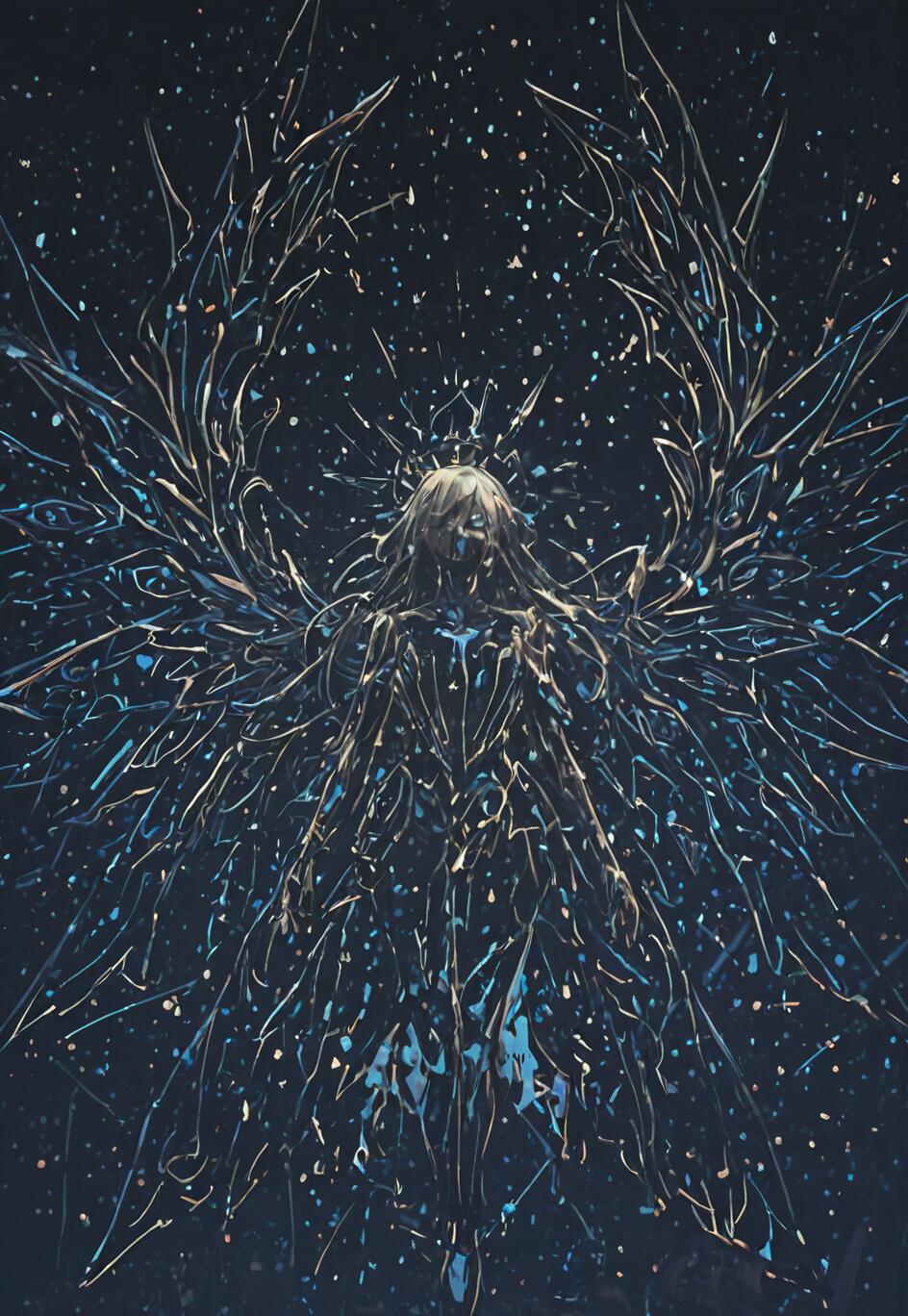 A celestial, angelic figure with large wings stands against a dark, starry background. The figure and its wings are composed of countless glowing blue and gold fragments, resembling shattered stars or cosmic glass.