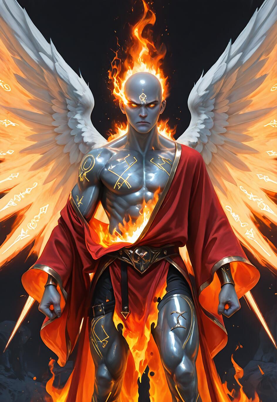 A full-body digital painting of a powerful, bald, silver-skinned angel with a muscular build. He has large, white wings that are on fire with golden flames. His head is also crowned in fire, his eyes glow, and his body is covered in luminous golden runes. He wears a tattered, burning red robe over dark armor.
