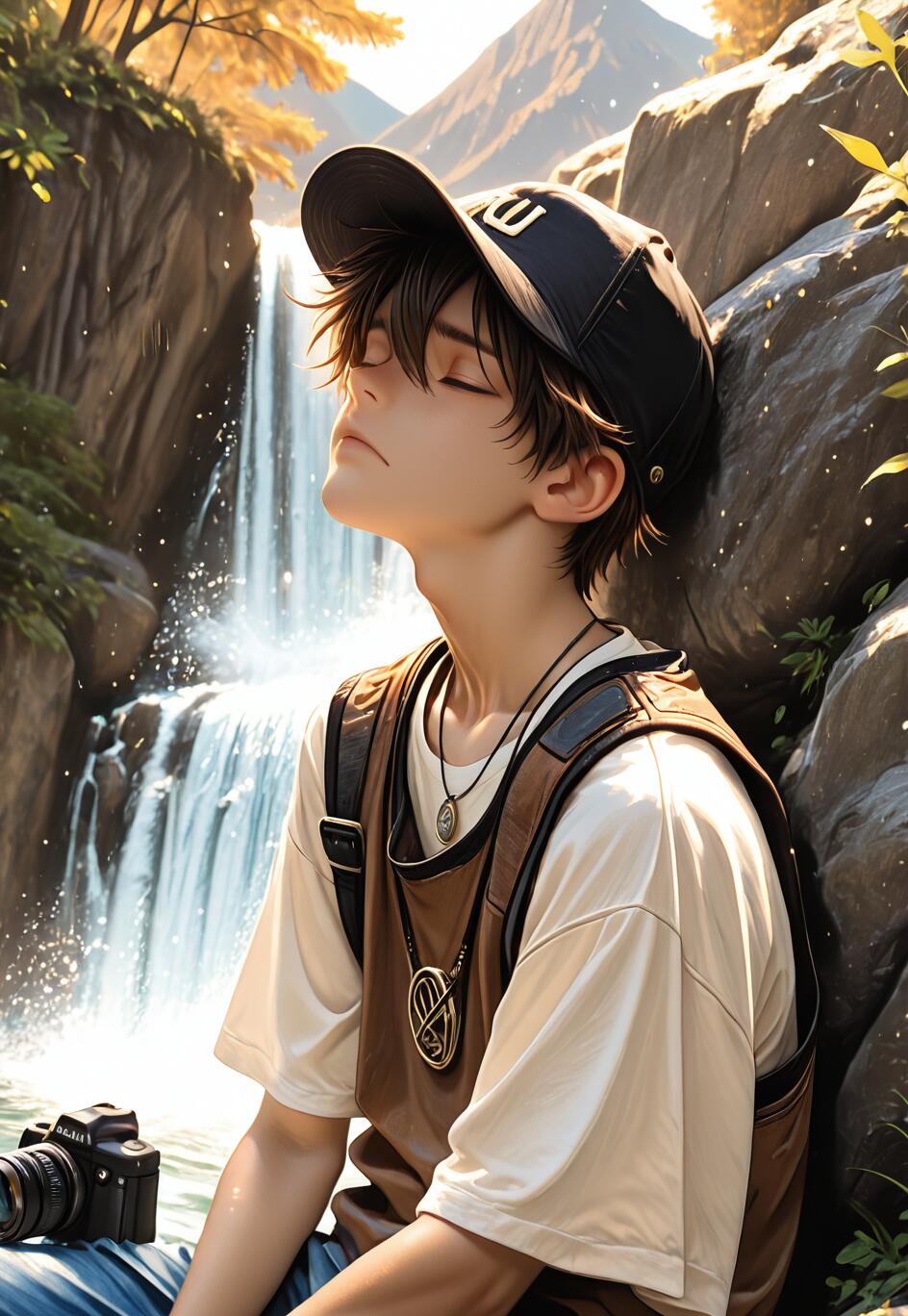 An anime-style illustration of a young man with dark brown hair and a black baseball cap, sitting with his eyes closed in front of a waterfall. He wears a white shirt, a brown vest, and has a camera next to him.