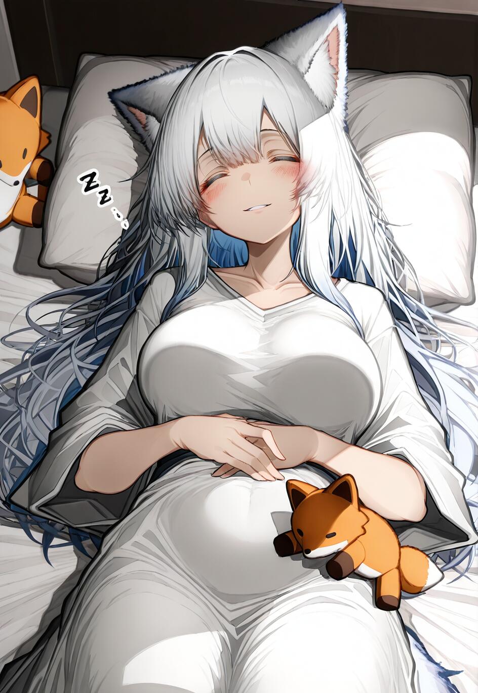 An overhead view of the anime fox girl Shinano from Azur Lane sleeping peacefully in bed. She has long white hair, a gentle smile, and is surrounded by cute fox plushies in a sunlit room.