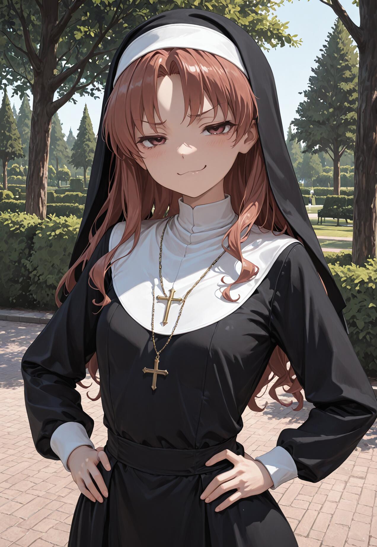An anime-style illustration of Shirai Kuroko from 'A Certain Scientific Railgun' as a nun. She has long brown hair, a smug expression, and stands with her hands on her hips in a park.