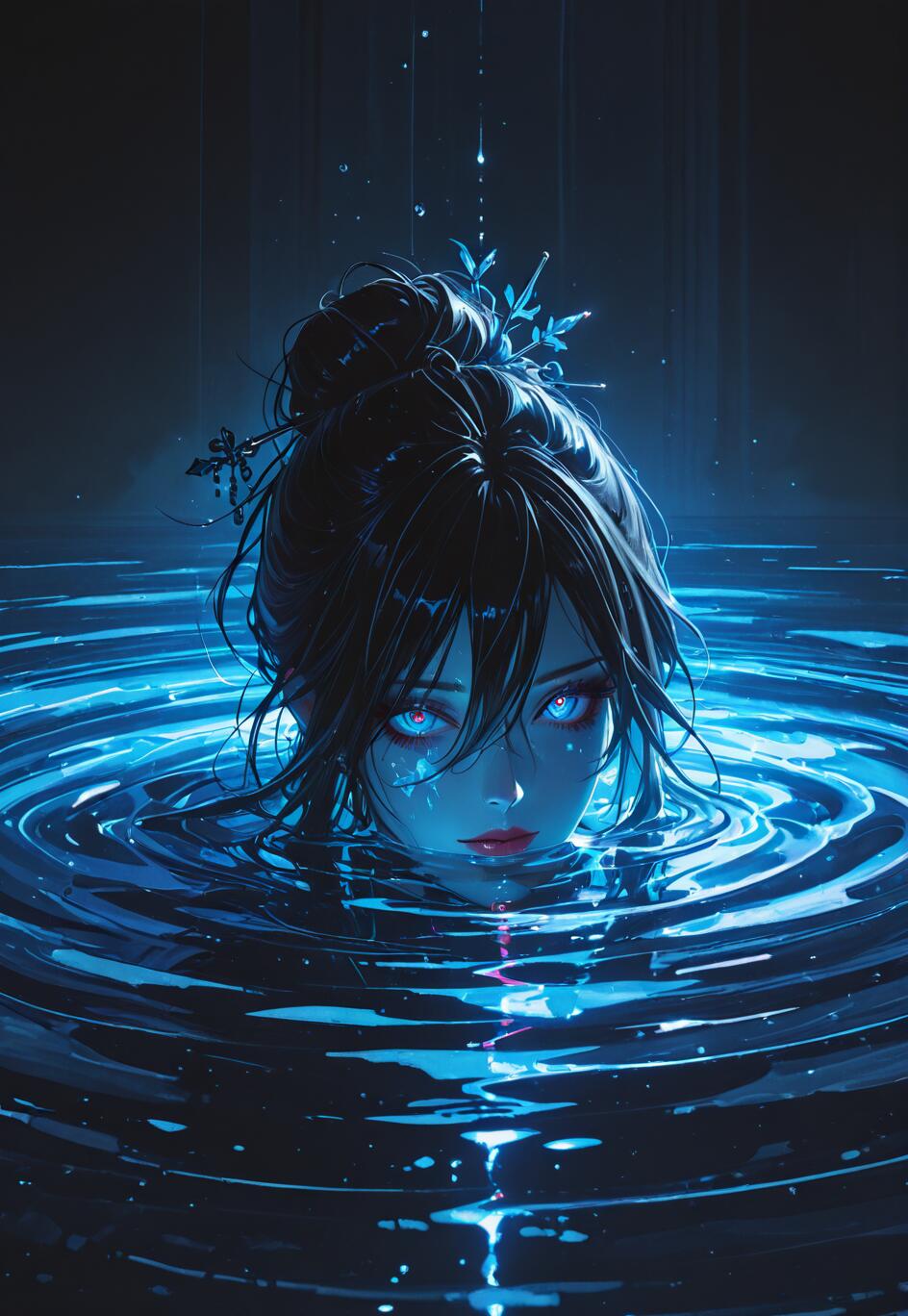 An anime-style illustration of a woman with black hair in a bun, submerged to her neck in dark water that glows with blue light, creating ripples around her as she looks forward with piercing, luminous blue eyes.