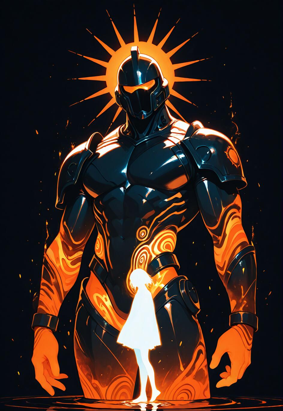 A giant, muscular figure in black and orange futuristic armor with a sunburst halo stands over a small, glowing white silhouette of a person against a black background.